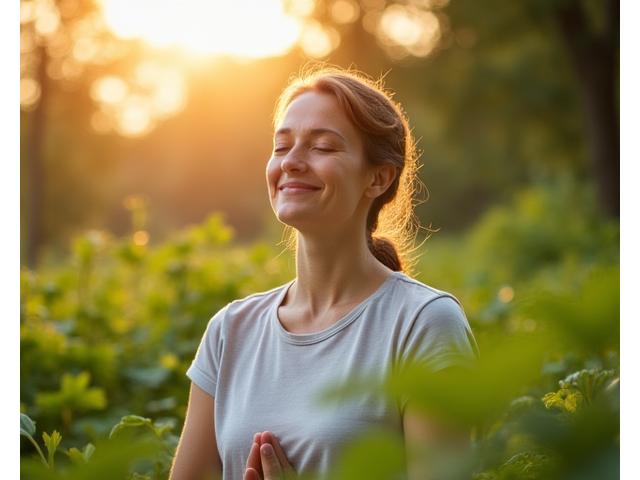 Mujer sonriente y serena meditando en un entorno natural verde.