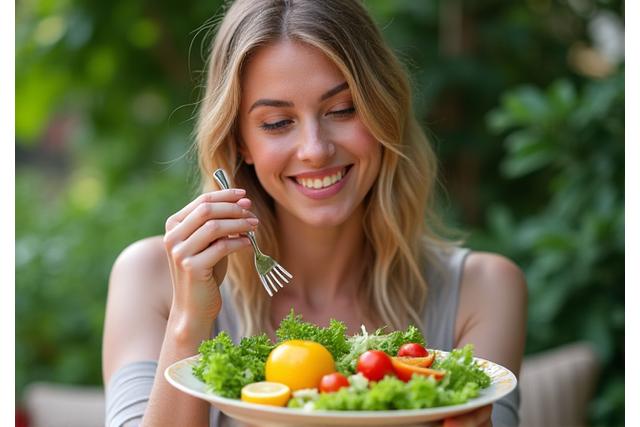 Mujer sonriendo disfrutando de una ensalada fresca al aire libre, representando alimentación consciente.