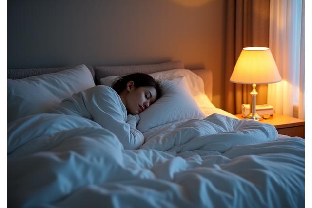 Dormitorio acogedor con luz tenue y sábanas limpias, una persona durmiendo tranquilamente para ilustrar la mejora del sueño.