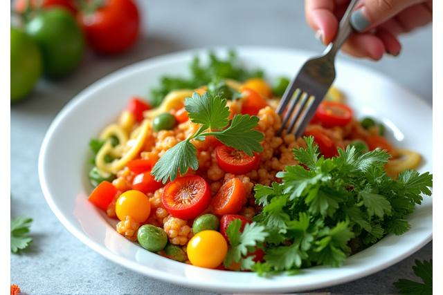 Primer plano de un plato colorido de comida saludable y rápida en una cocina moderna, mostrando recetas nutritivas.