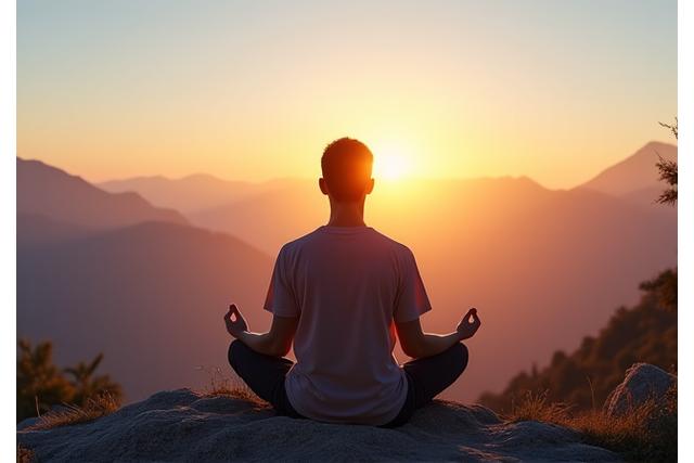 Hombre joven meditando en una pose de loto al amanecer, con vista a la montaña, ilustrando una rutina matutina tranquila.
