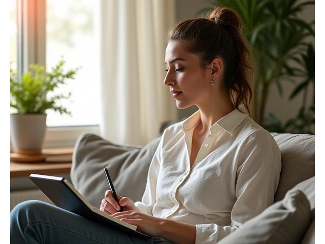 Persona sonriendo y escribiendo en un cuaderno con luz natural, simbolizando el coaching de estilo de vida.