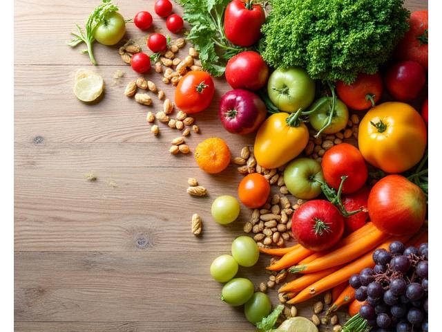 Alimentos frescos y saludables como frutas, verduras y cereales en una mesa de cocina, simbolizando nutrición.
