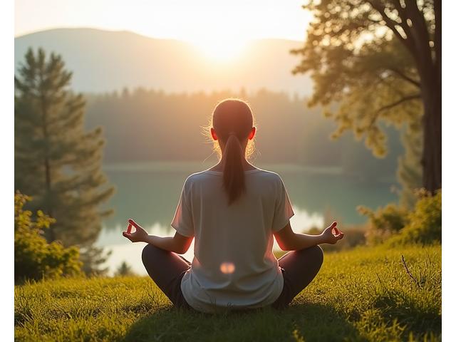 Persona meditando en una postura serena al aire libre, con un entorno natural tranquilo, simbolizando manejo del estrés.